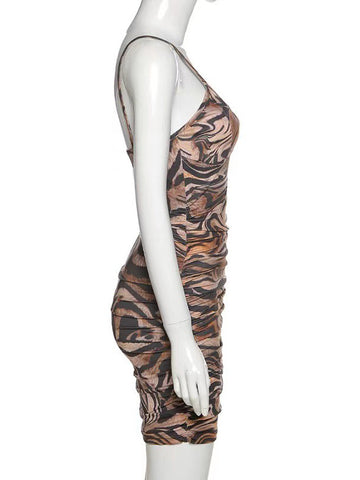 Sommerkleid mit Trägern am Hals und Leopardenmuster, Fransen, rückenfreies Leoparden-Strandkleid 