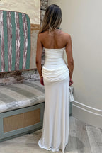 Chic Solid Strapless Ruched Side Slip Maxi Dress