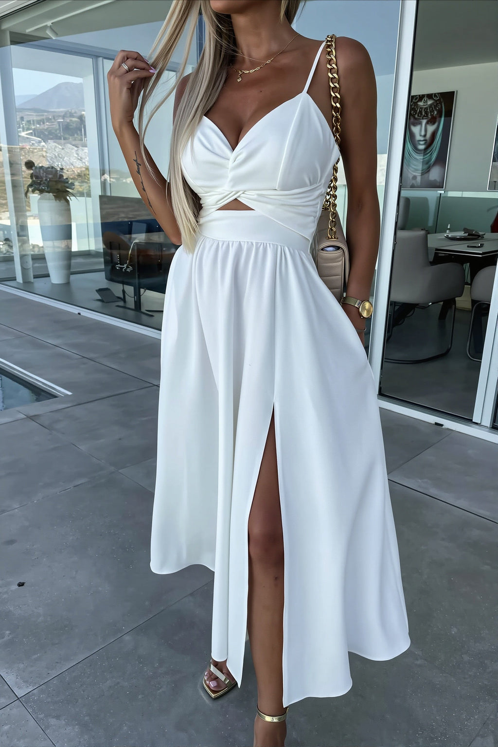Solid Deep V Cut Out Cami Swing Slit Maxi Dress