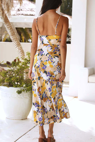 Backless Floral Printed Slit Cami Dress