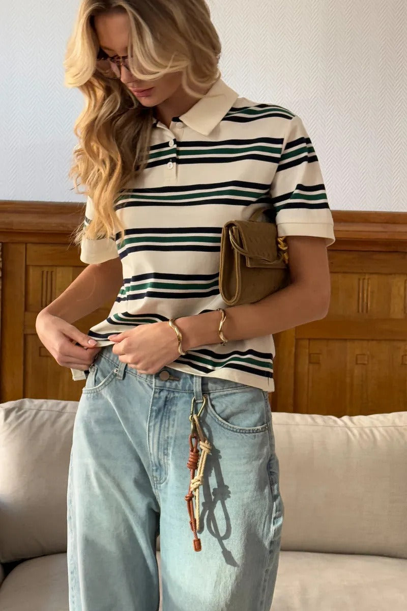 Vintage Color Block Stripe Polo Short Sleeve T-shirt