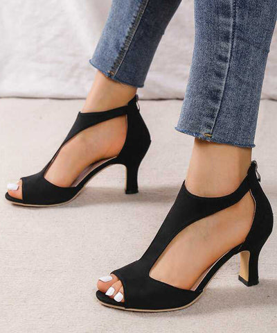 Sandalias rojas de tacón alto de gamuza suave con empalme y punta abierta ahuecada 