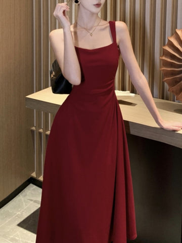 Elegante vestido midi liso de verano para mujer, con tirantes finos, cuello cuadrado, cintura alta, ajustado, para fiesta de noche, vestido de graduación, nuevo 