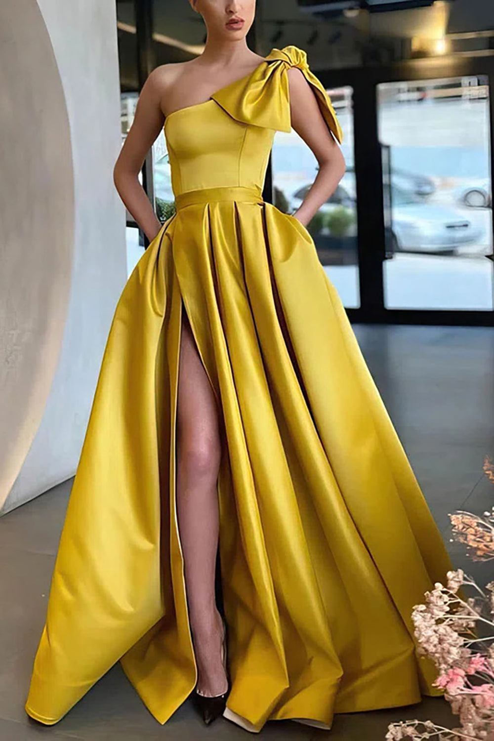 A-line One Shoulder Prom Dress with Bow