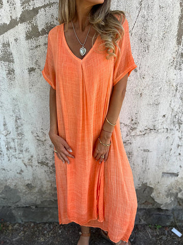 Vestido midi de algodón y lino con cuello en V 