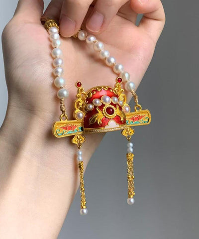 Collar con lazo y sombrero de erudito con tejido de perlas y oro único en plata esterlina 