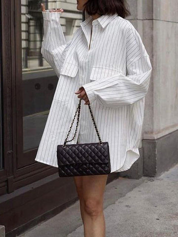 Blusas de solapa a rayas con aberturas laterales, mangas largas y corte irregular 