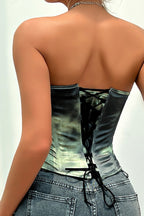 Sexy Color Block Backless Lace Up Boned Corset Blouse
