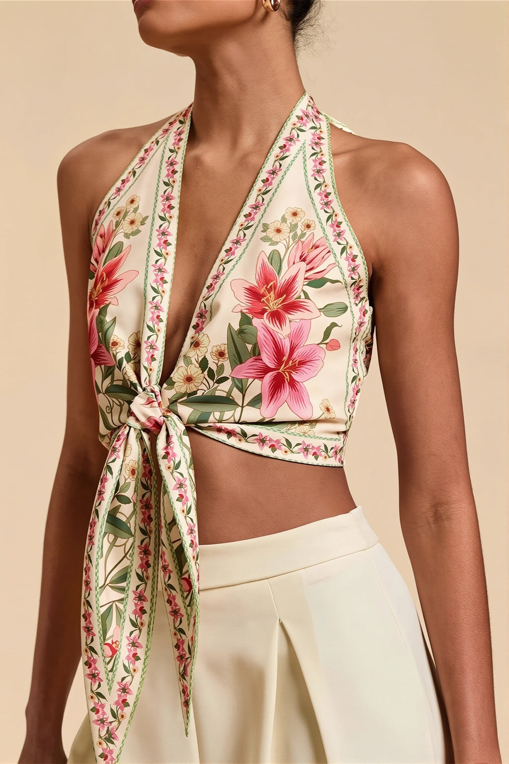 Boho Floral Backless Tie Halter Top