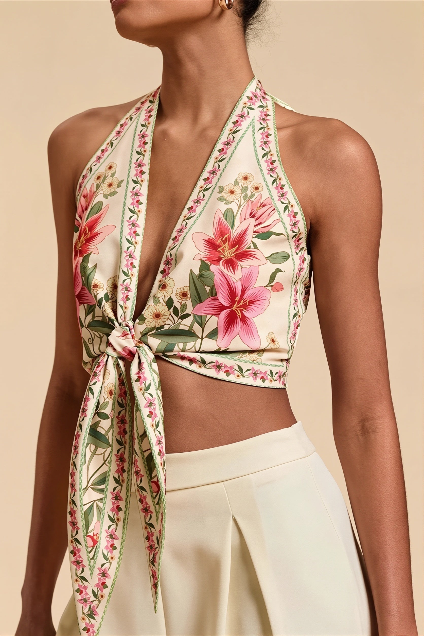 Boho Floral Backless Tie Halter Top