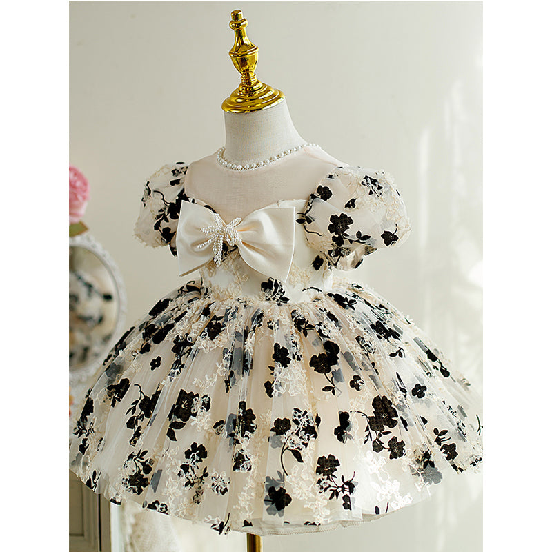 Kleinkind-Abendkleid, kleines Mädchen, Prinzessinnenkleid mit Schleife, bedruckt, flauschig, Kommunionskleid 