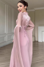 Glossy Flowy Sleeve Slim Maxi Dress