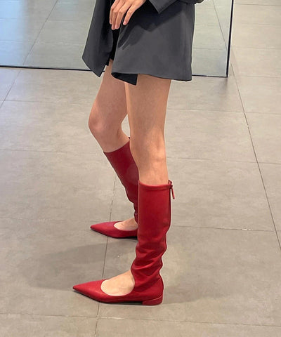 Stilvolle Rote Spleißstiefel Aushöhlen Spitze Zehen Reißverschluss 