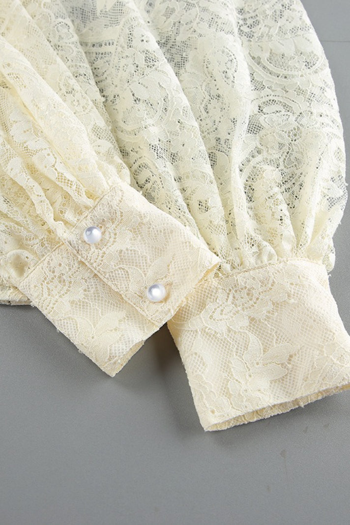 Elegant Tie Sheer Lace Long Sleeve Blouse