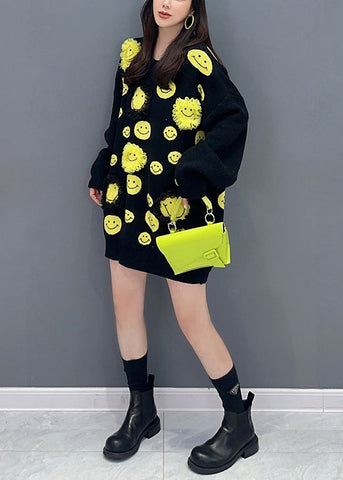 Schwarzer Patchwork-Strickpullover, mittellanges Kleid mit Rüschen, O-Ausschnitt, Herbst 