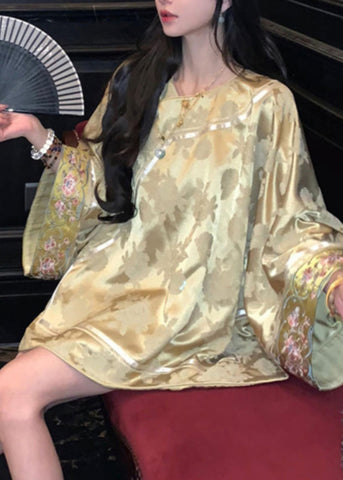 Jacquard Gelb V-Ausschnitt Bestickte Knopf Seidenmäntel Frühling 