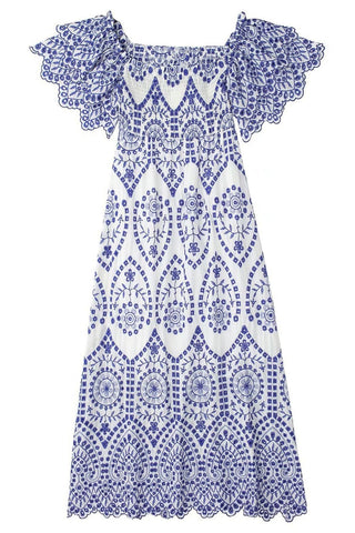 Vestido midi fruncido con volantes y encaje bordado Della 