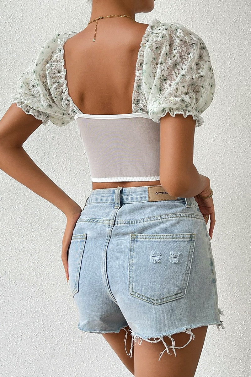 Printed Button Front Low Cut Backless Blouse