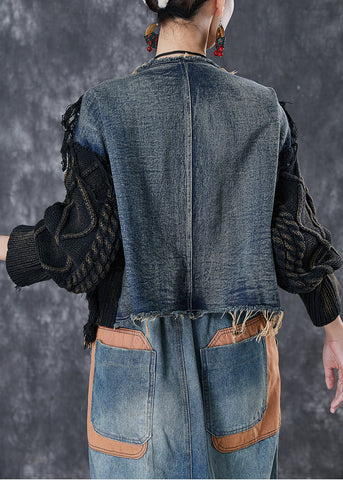 Boutique Schwarz Oversize Patchwork Denim Strick Tops Winter 