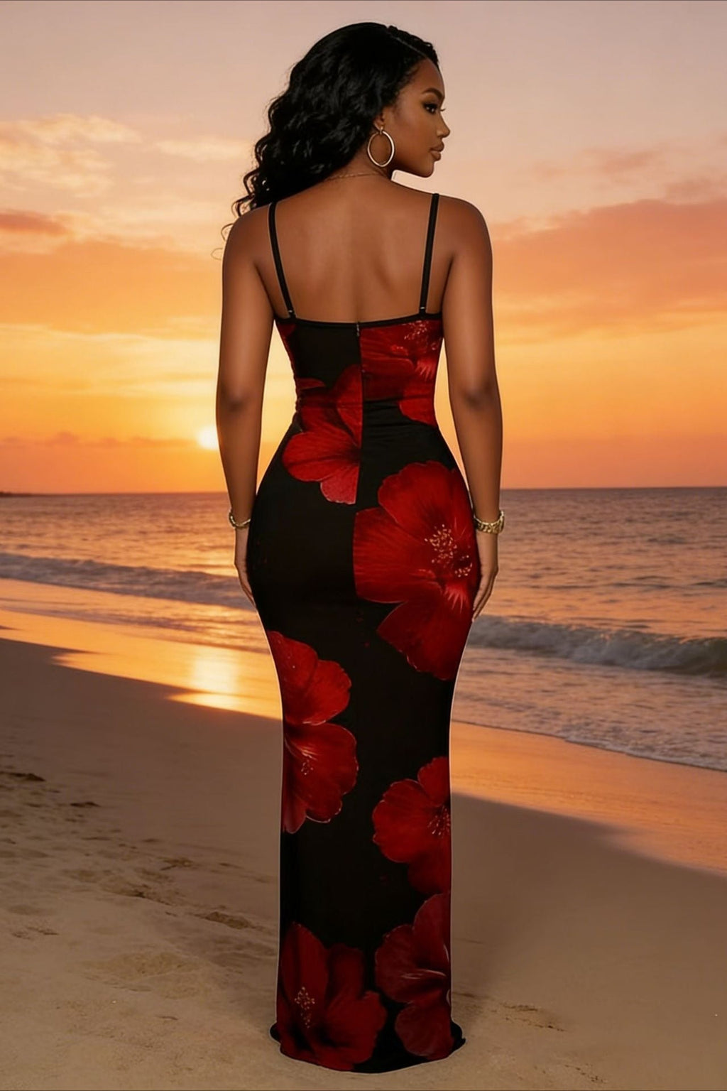 Beach Holiday Printed Fitted Cami Maxi Dress