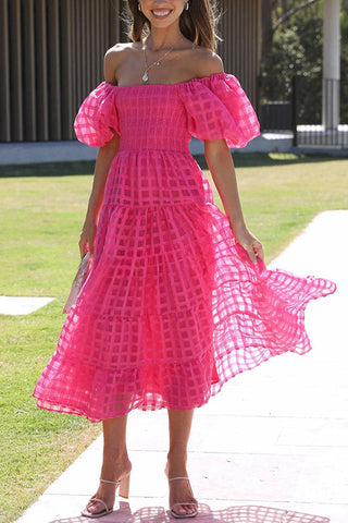 Vestido midi con mangas abullonadas y fruncido de tela con estampado cuadrado Dare To Dance 