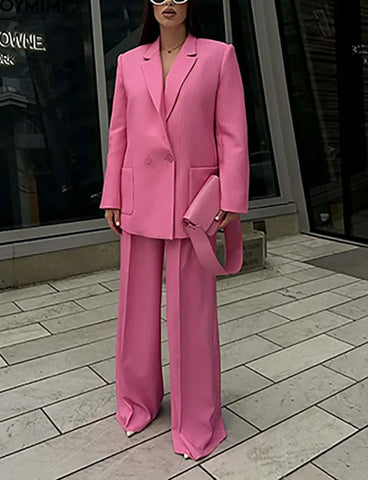 Conjunto de dos piezas para oficina, blazer, pantalones y bolsillos con estampado rosa 