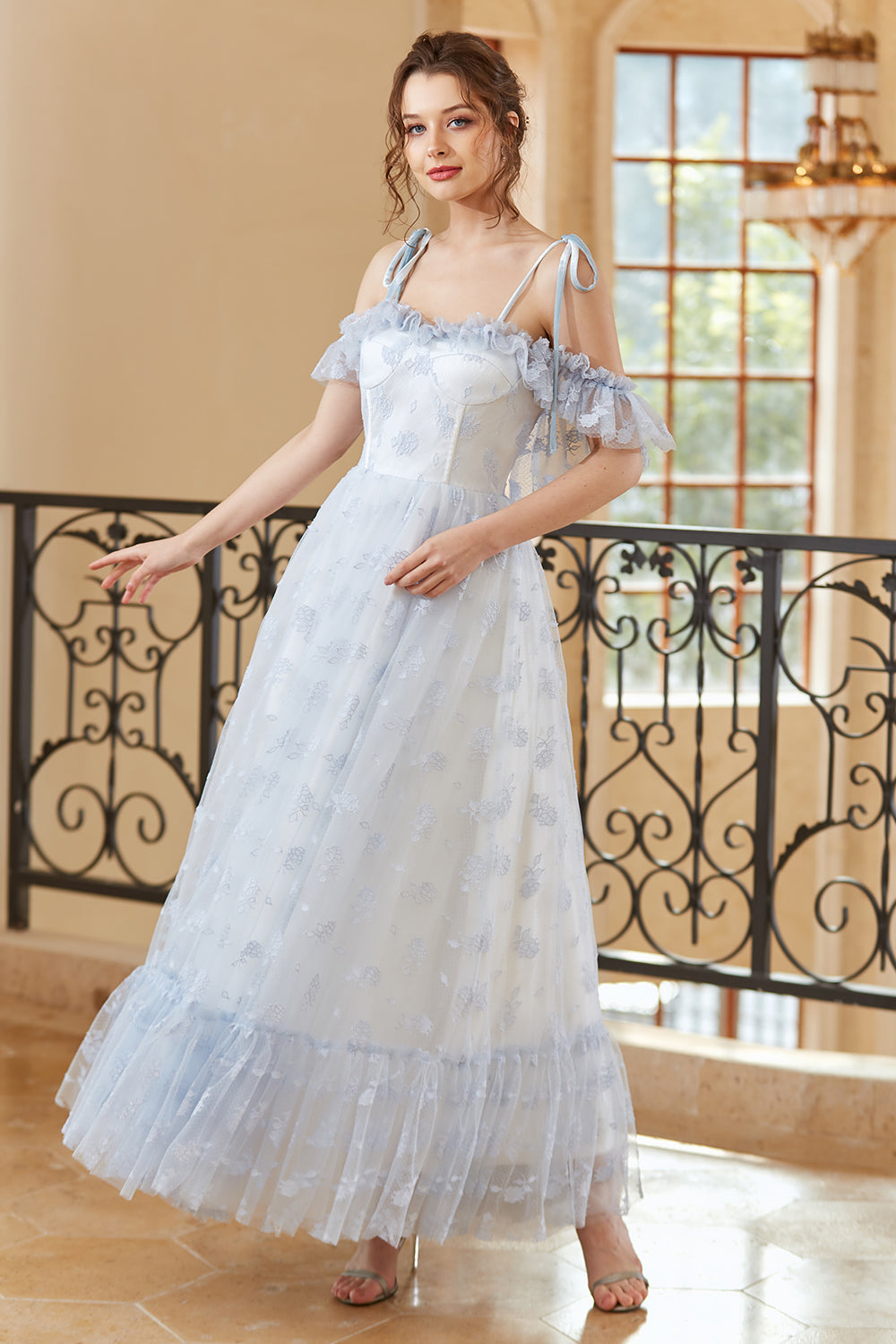 Prinzessinnen-A-Linien-Abendkleid in Hellblau mit schulterfreiem Ausschnitt