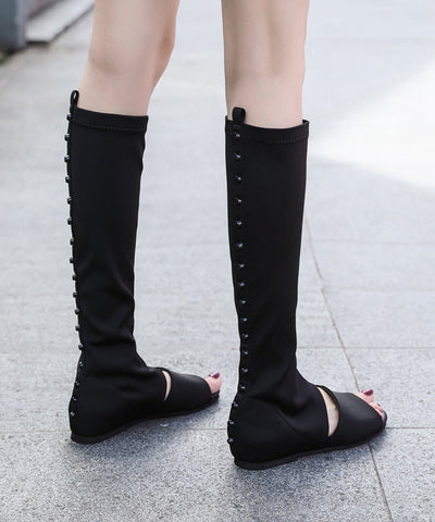 Fashion Splicing Long Boots Black Peep Toe Elastic Fabric