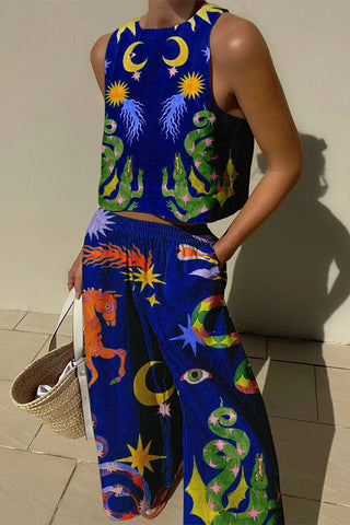 Conjunto de camiseta de tirantes y pantalón con bolsillos y cintura elástica con estampado único de mezcla de lino Island Dreaming 