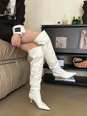 Sexy Overknee-Stiefel für Damen, Chelsea-Booties, spitze Zehenpartie, blau, schwarz, weiß, Jeansstoff, Winterschuhe, Schlupfstiefel für den Herbst 