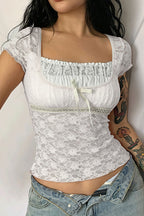 Square Neck Lace Spliced Tie Slim Blouse