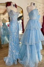 Prinzessinnen-Abendkleid in A-Linie, einseitig schulterfrei, blau, mit Korsett und Rüschen