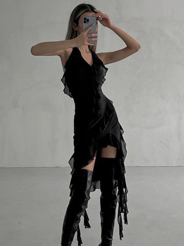 TARUXY Tiefem V-Ausschnitt, figurbetontes Kleid für Damen, Rüschen, drapiert, asymmetrisch, hohe Taille, Kleider für Damen, Strandurlaub, sexy Minikleid für Damen 