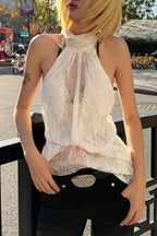 Elegant Irregular Sheer Lace Halter Top
