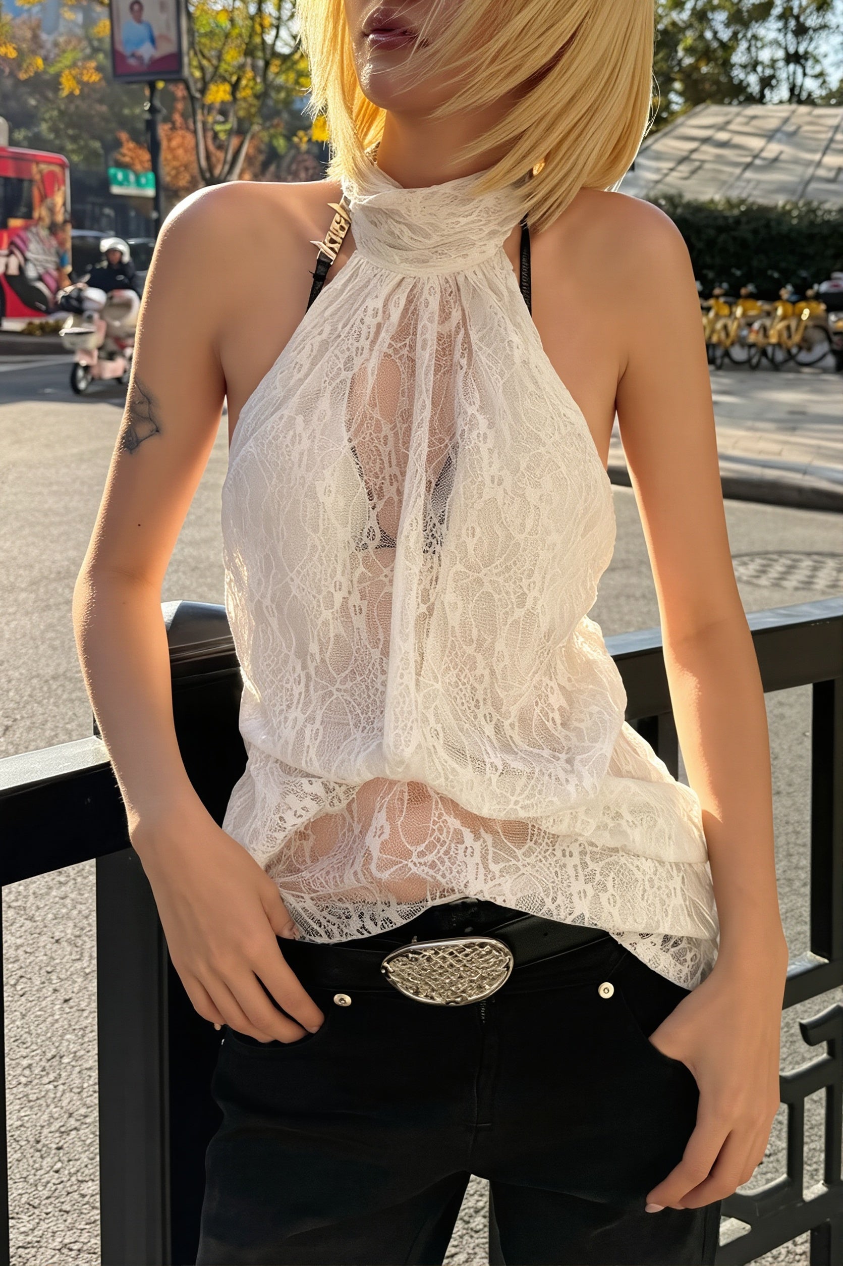 Elegant Irregular Sheer Lace Halter Top