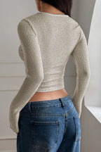 Vintage Ribbed Long Sleeve Square Neck Slim Fit Long Sleeve Tee