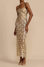 Solid Full Lace Cutout Split Cami Maxi Dress