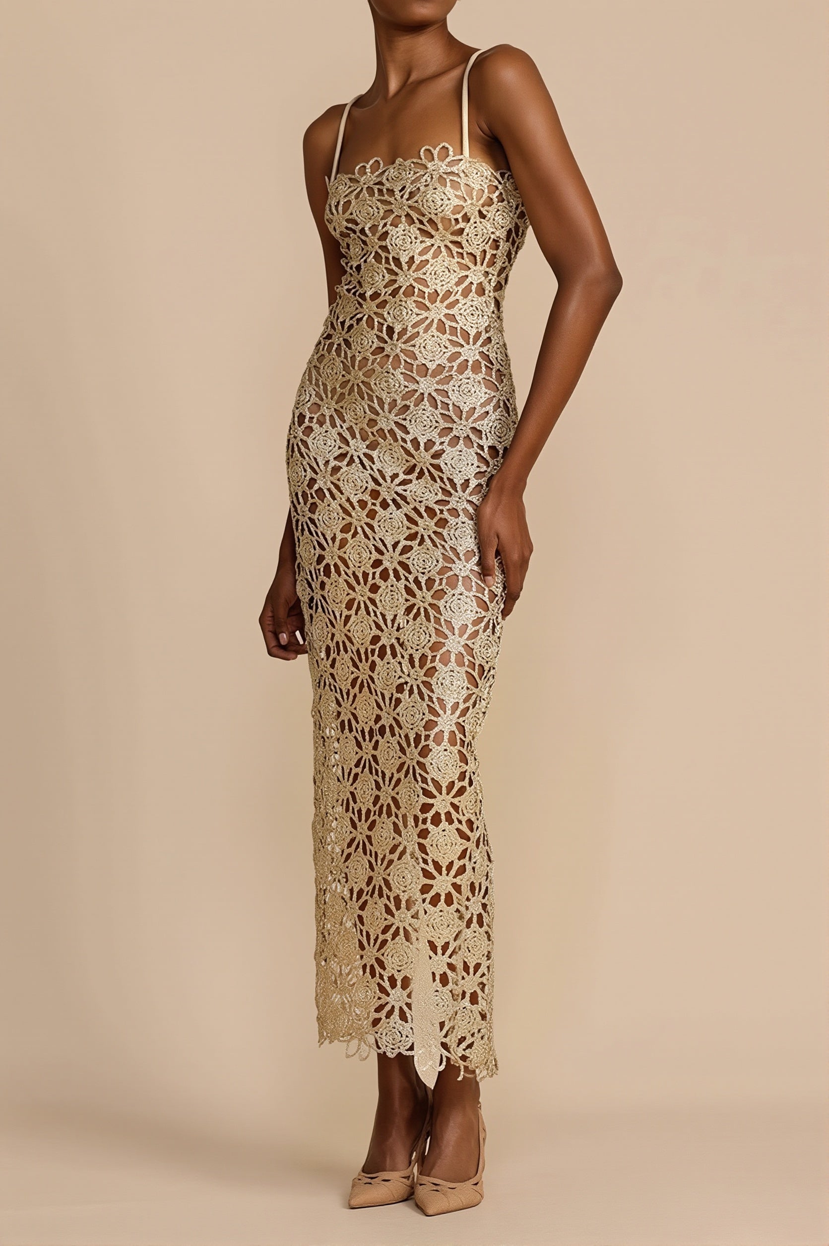 Solid Full Lace Cutout Split Cami Maxi Dress