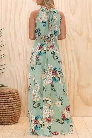 Vestido verde con estampado floral y cuello redondo de moda 