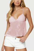 Sheer Lace Sequin Bow Cami Top