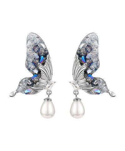Pendientes de plata de ley azul con circonitas, perlas y cristales, con forma de mariposa y gotas de agua. 