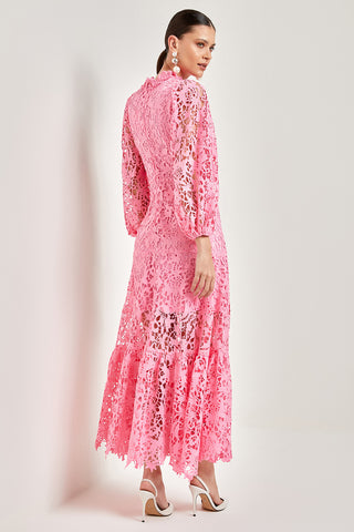 Vestido midi de manga larga con bordado de encaje rosa 