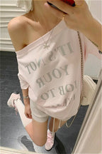 Letter Print Pink Off‑Shoulder T‑shirt
