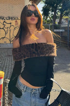Sexy Asymmetric Fuzzy Off Shoulder Long Sleeve Tee