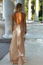 V-Neck Backless Satin Slip Maxi Dress