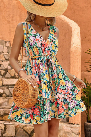 Floral V-Neck Lace Up Layered Hem Sleeveless Mini Dress