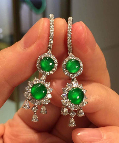 Damen Sterling Silber Ohrringe mit eingelegtem Zirkonia und Jade-Quaste 