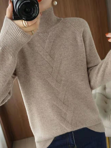 Casual Loose Long Sleeves Solid Color High-Neck Sweater Tops