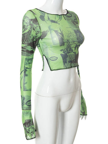 Sexy See Trough Crop Top Vintage Graphic Print Green Mesh Sheer T-shirt Long Flare Sleeve Slim Fit Tee Women Clothes