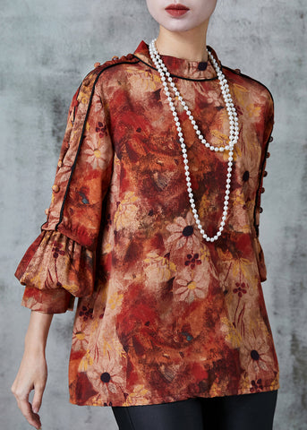 Elegante Orange Stehkragen Print Chiffon Blusen Frühling 